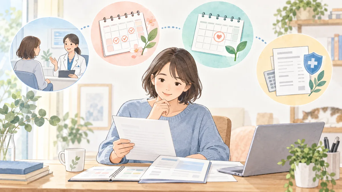 治療の予定表と保険書類を確認する人のイラスト