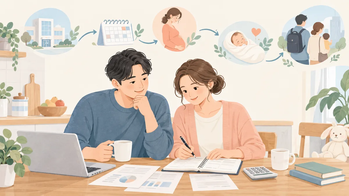 家計を見ながら妊活から出産・育休までの予定を考える二人のイラスト